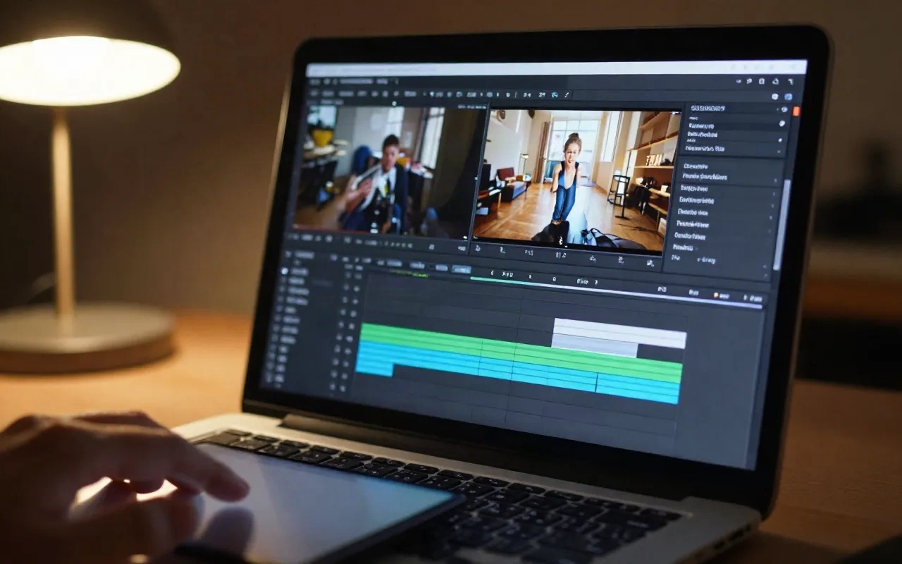 Ordinateur portable affichant une timeline de montage avec un clip en cours de découpe