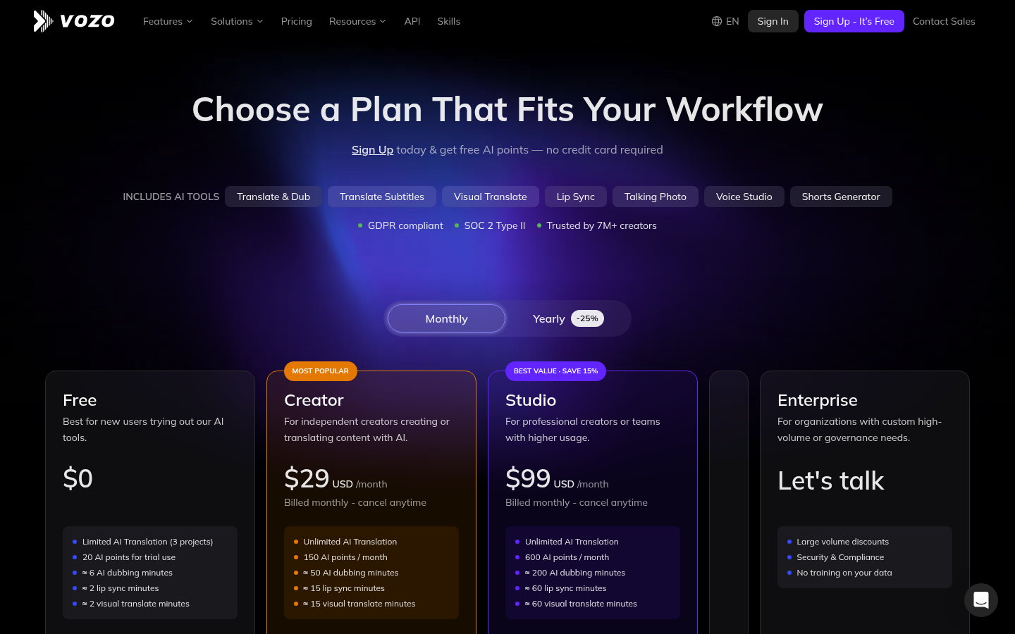 Vozo AI Preisseite mit Free, Creator $29 und Studio $99 Tarifen mit KI-Punkten und Dubbing-Minuten