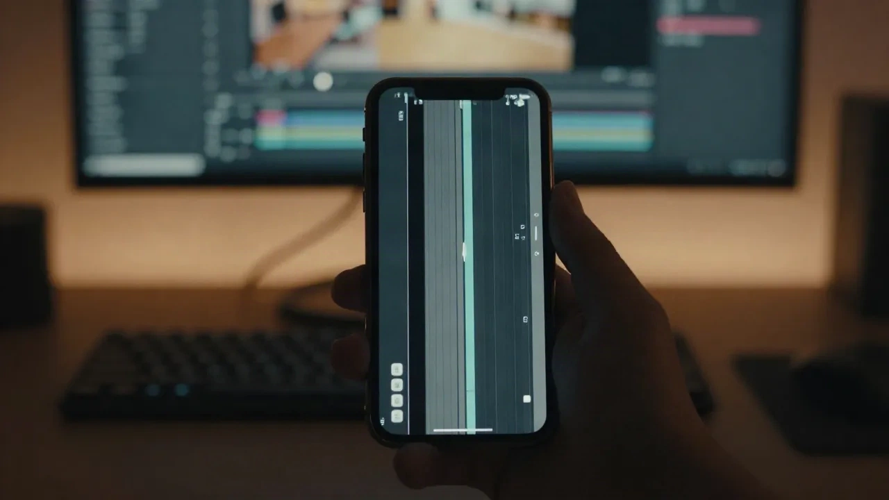 Smartphone vertical posé sur un bureau de montage avec une timeline vidéo en arrière-plan