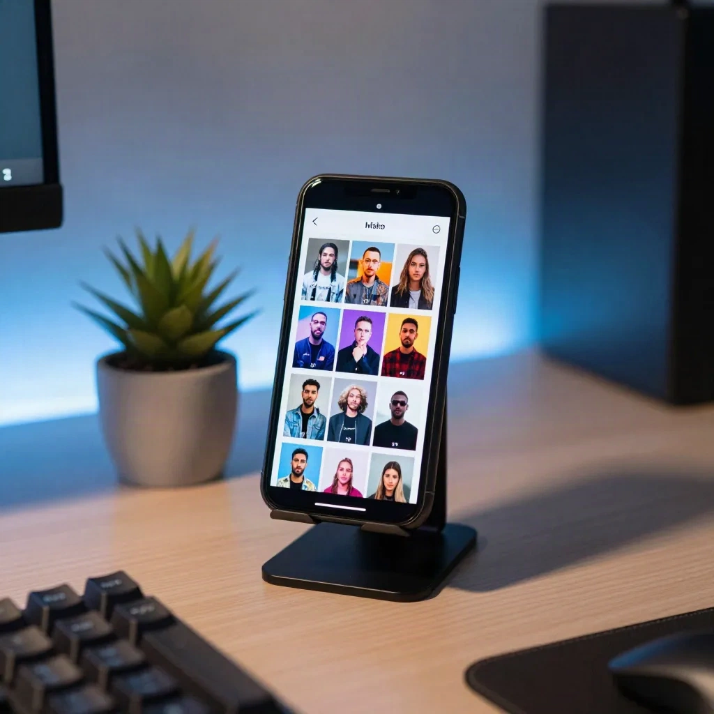 Smartphone sur support affichant une grille d'aperçus de vidéos verticales