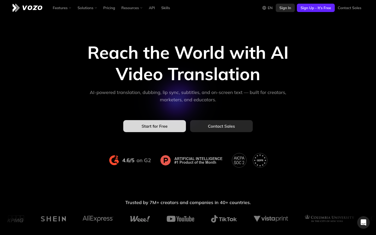 Vozo AI 홈페이지: AI 영상 번역 히어로, G2 4.6/5 배지와 신뢰 로고