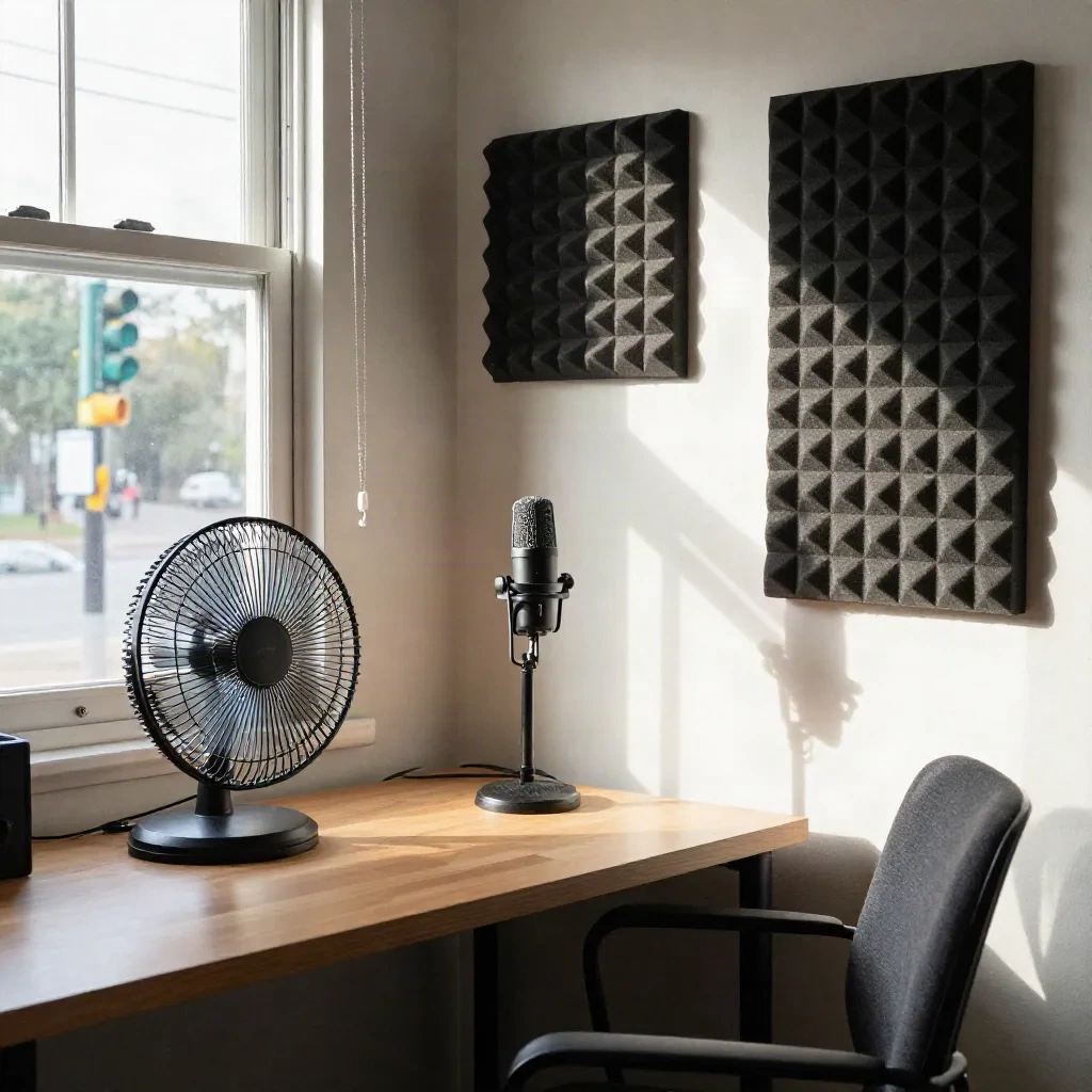 Coin d'enregistrement à domicile avec un ventilateur de bureau, une fenêtre sur la rue et un micro posé près de mousses acoustiques