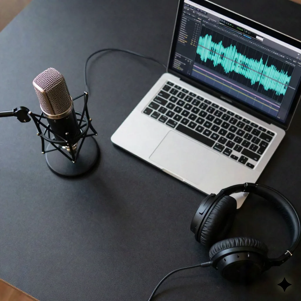 Podcast recording setup flat lay with microphone headphones and laptop showing audio waveforms