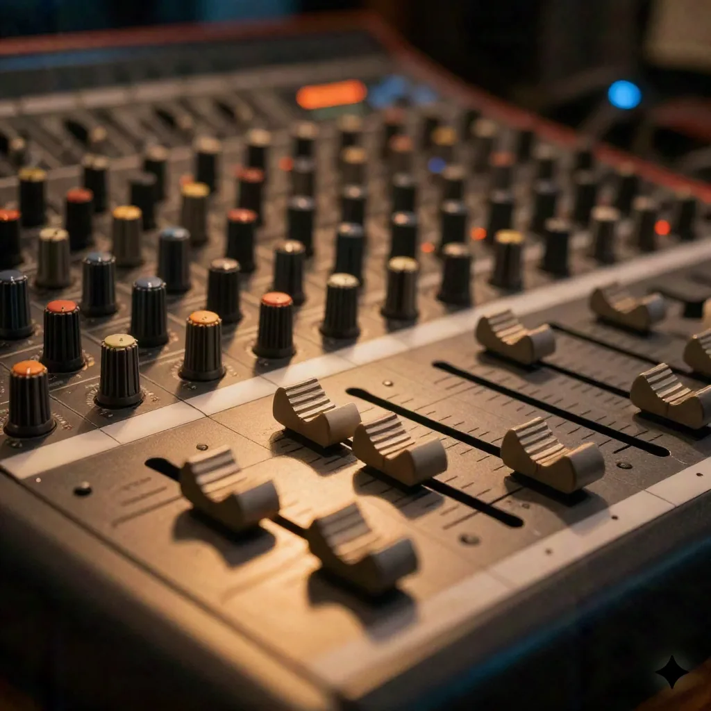 Audio mixing board faders and knobs in professional recording studio with warm lighting