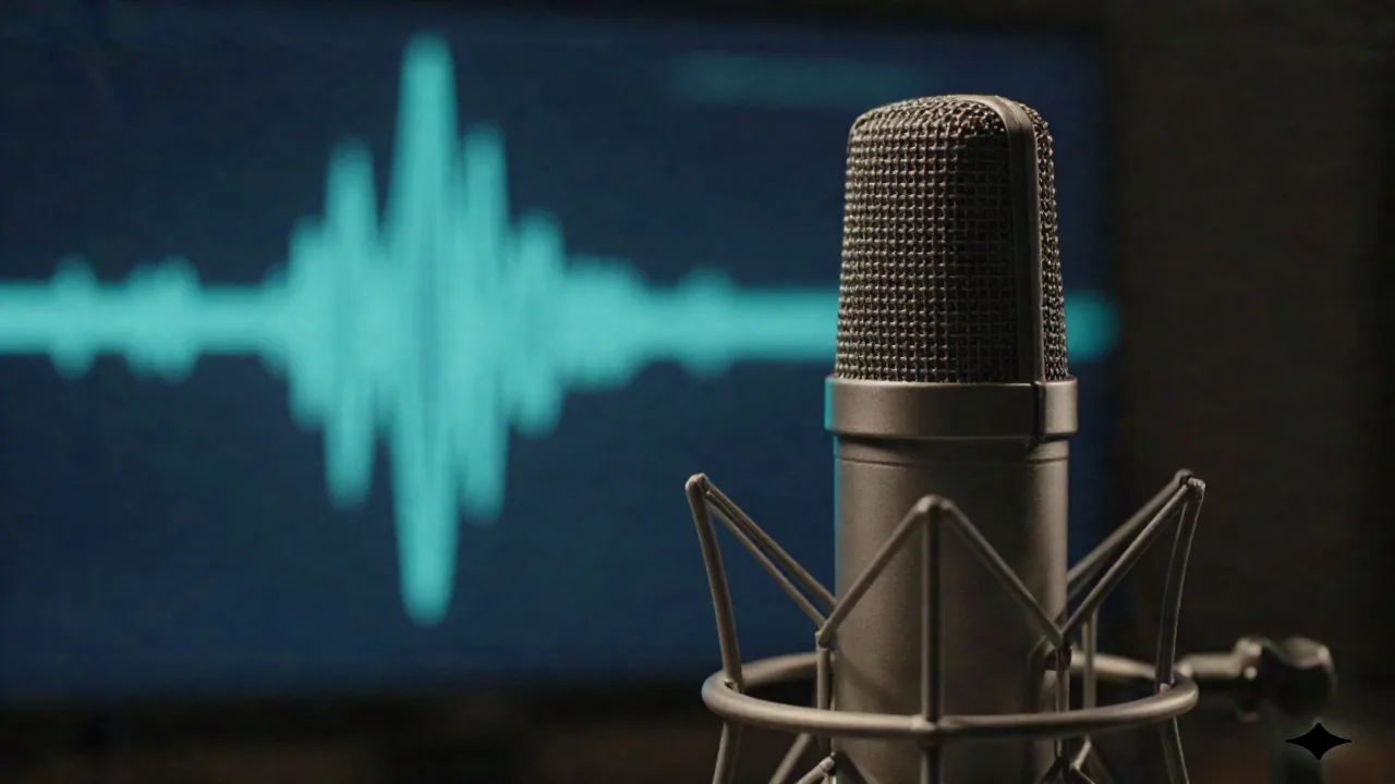 Condenser microphone in recording studio with AI waveform visualization for speech enhancement