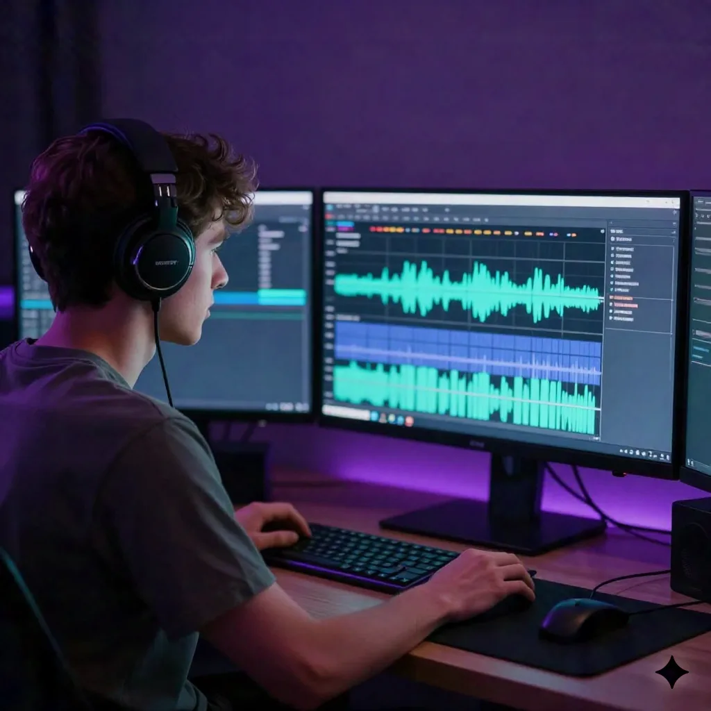 DJ streamer with headphones at setup using OBS with clean audio waveforms on screen