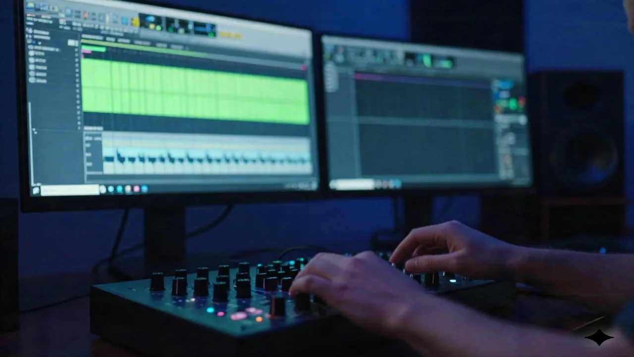 Producer adjusting an audio interface gain knob at night, dual monitors behind showing a cleaned versus noisy audio waveform, illustrating AI audio restoration
