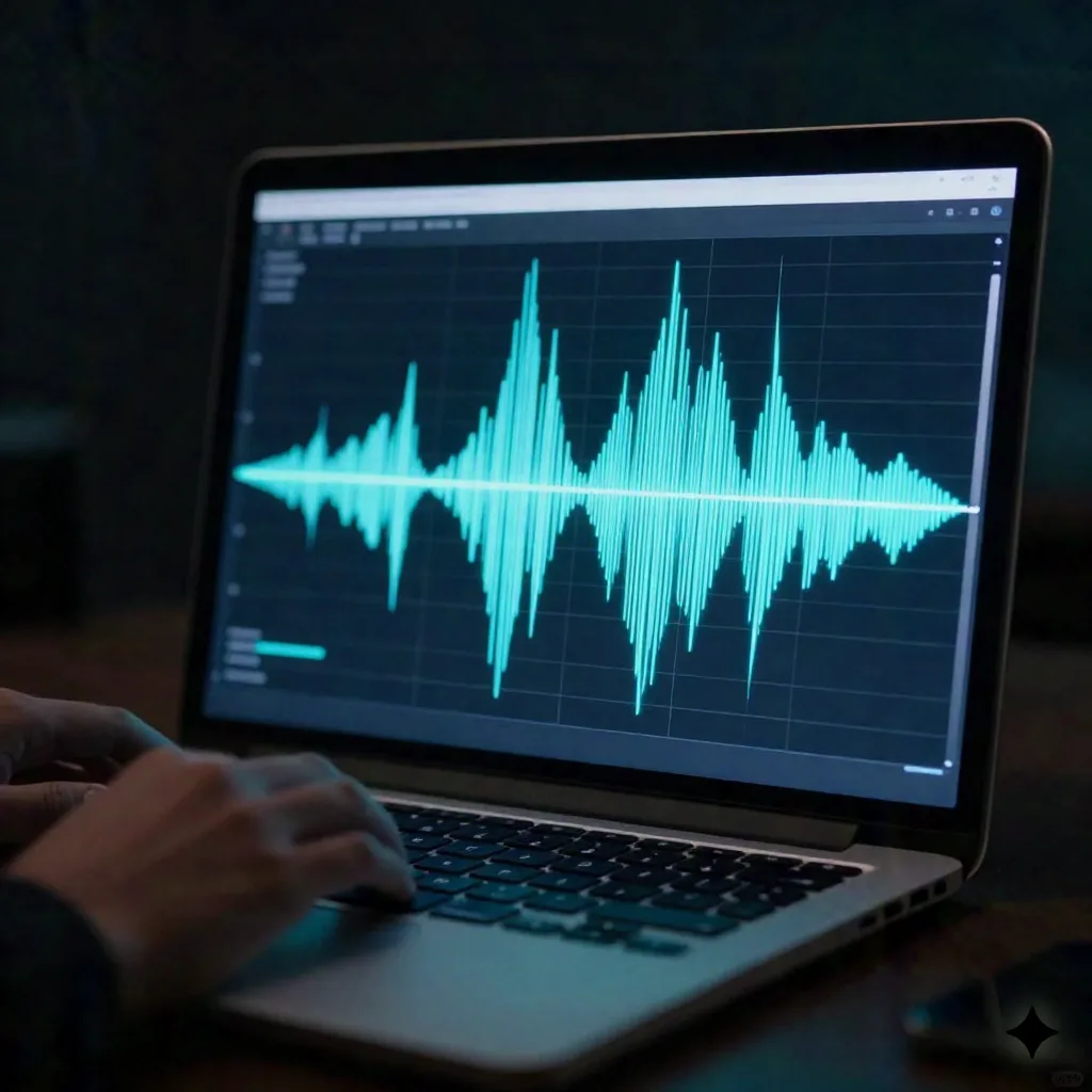 Laptop screen glowing with an abstract audio waveform and spectrogram visualization in a dark studio