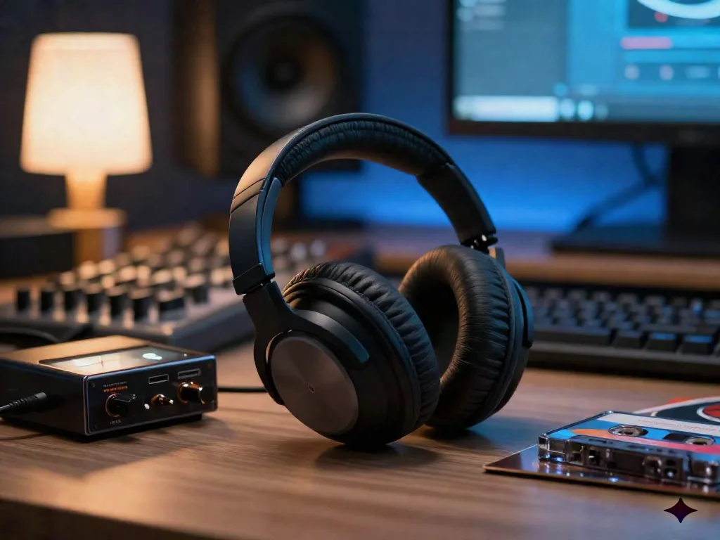 Open-back studio headphones and a USB audio interface on a desk, used to check an audio restoration pass by ear before exporting