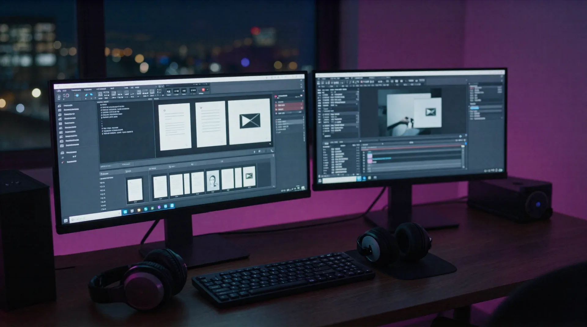 Streamer desk at night with an AI creative workspace open on dual monitors, MIDI controller and headphones nearby