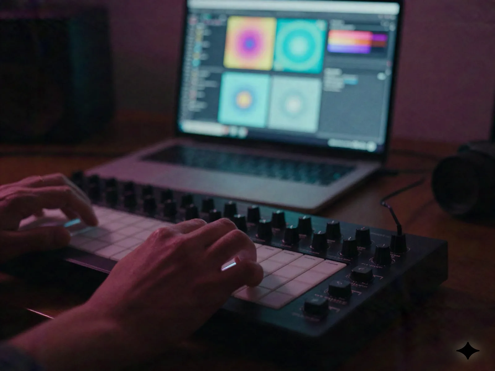 MIDIコントローラーの上で手が動く。背景のノートパソコン画面にはAI生成されたデザインタイルが光っている
