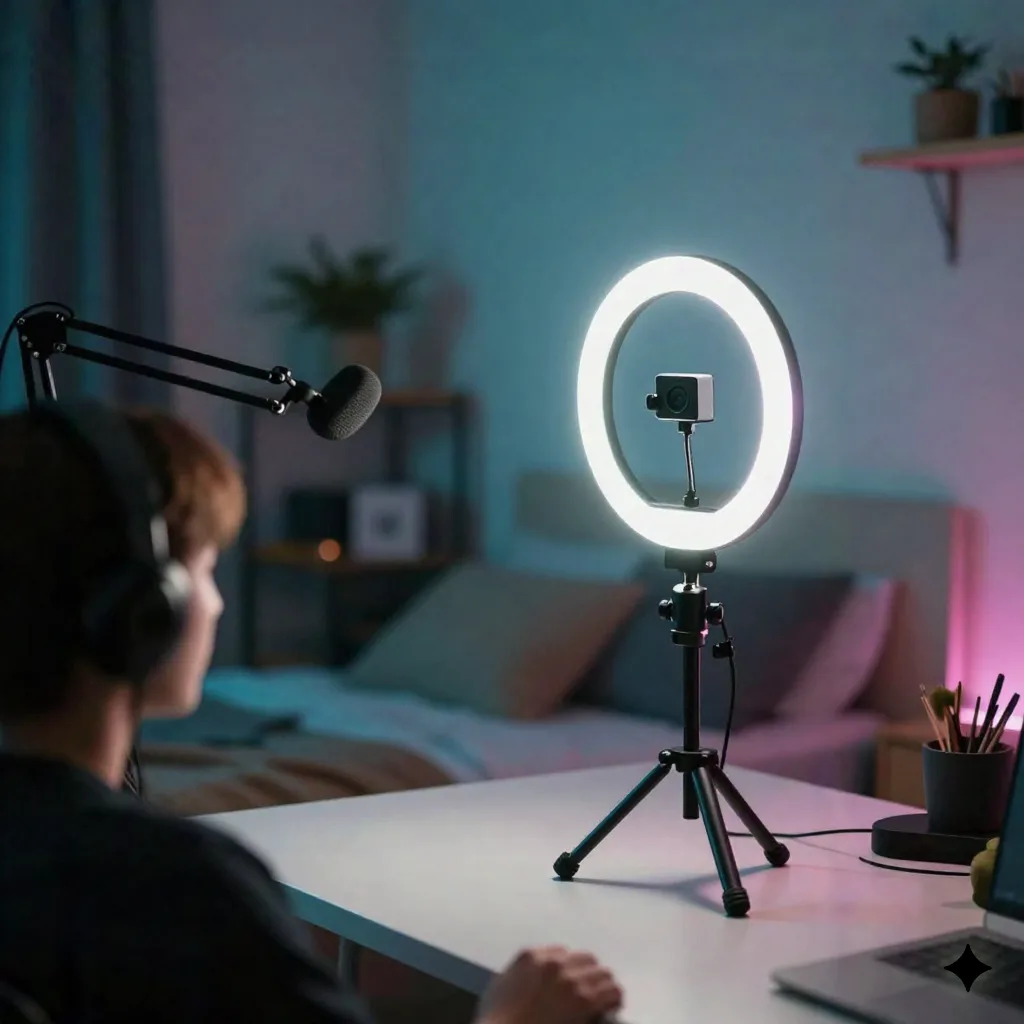 Bedroom Twitch streaming setup at night with ring light and boom microphone, streamer seen from behind