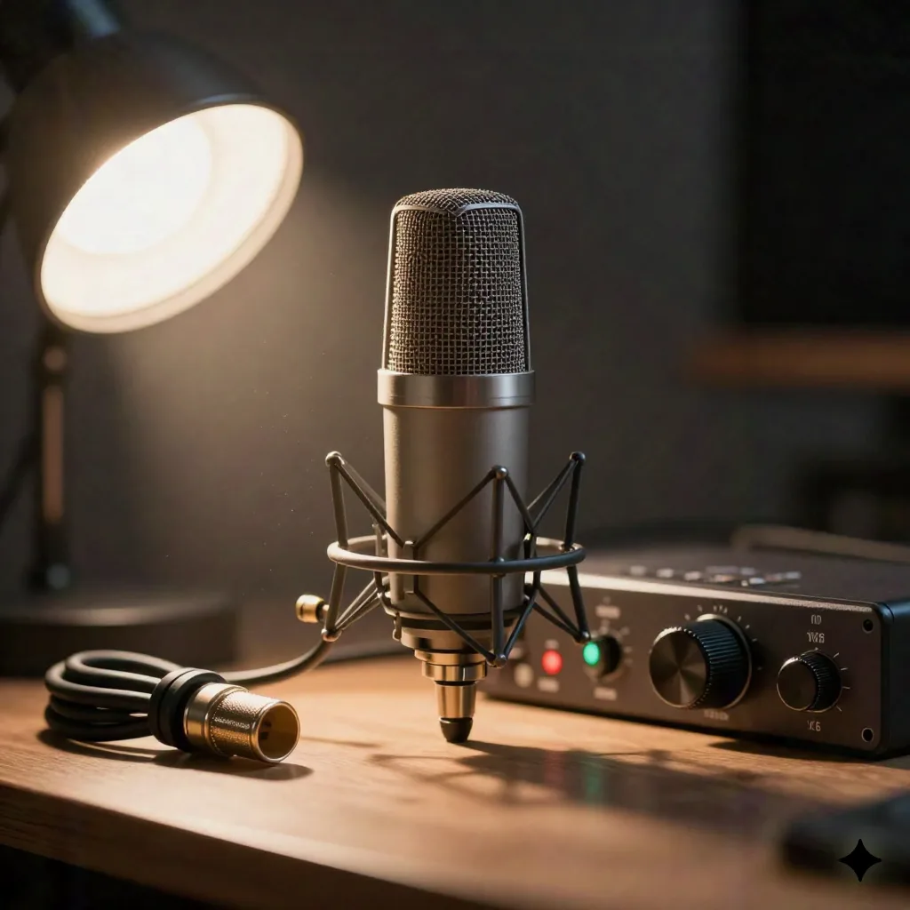 Macro shot of a condenser microphone capsule and audio interface gain knob under warm desk light