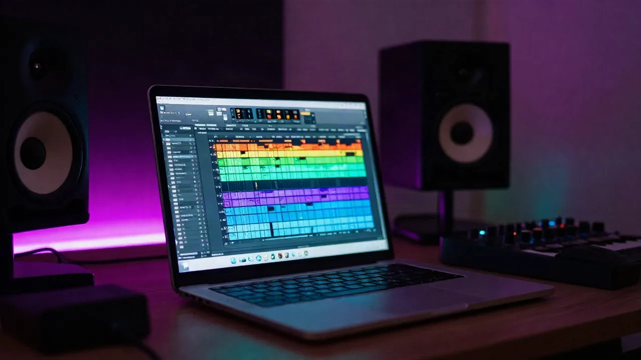 Laptop-Bildschirm eines Producers zeigt getrennte Audio-Stems in einer DAW, im Hintergrund Studiomonitore und ein MIDI-Controller