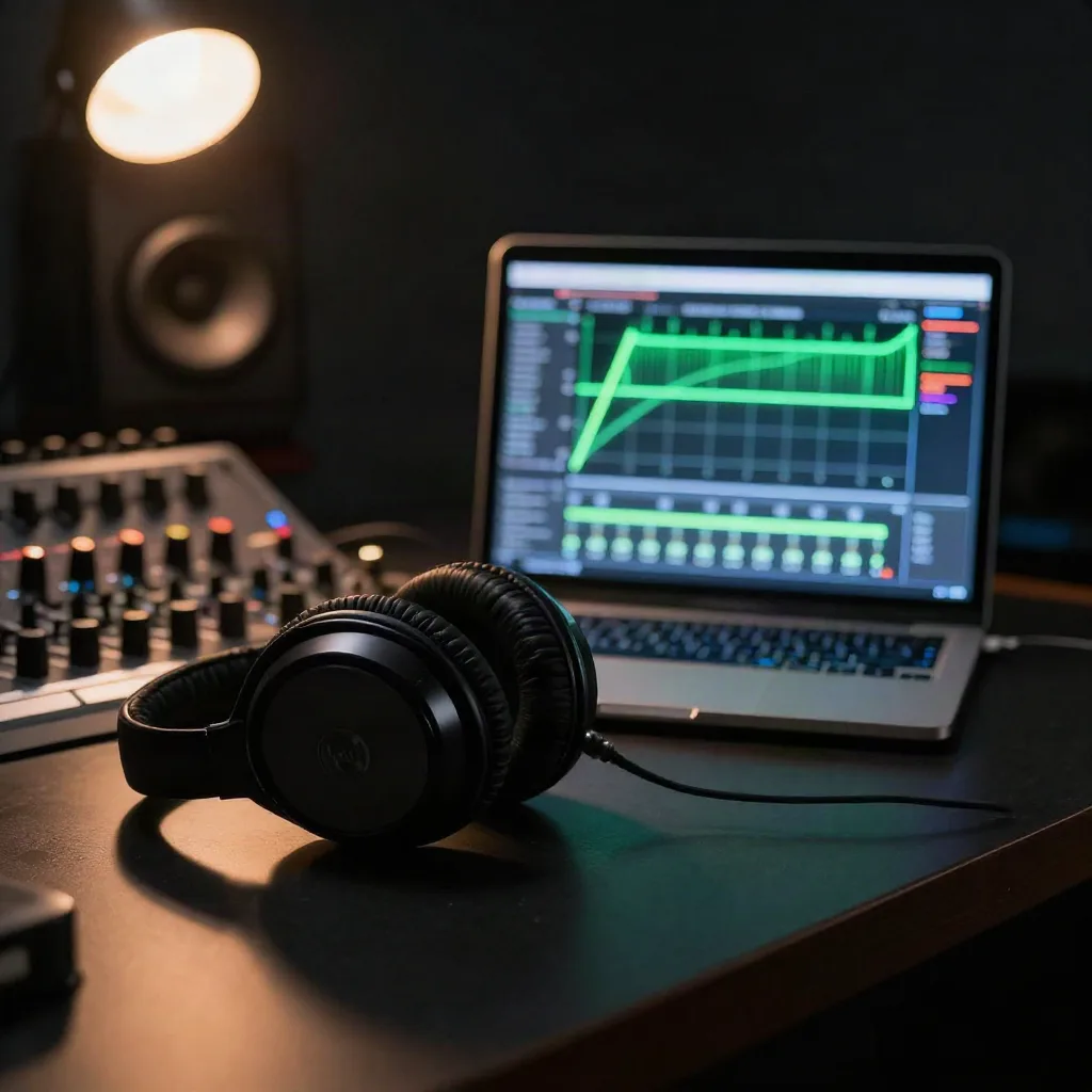 Loudness meter on a laptop next to studio headphones showing a track sitting in the target LUFS range