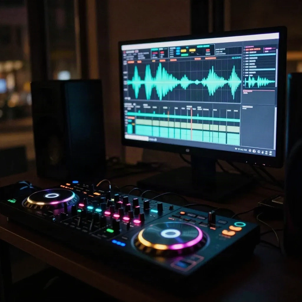 Streaming setup DJ live dengan RGB controller glow di dark urban loft