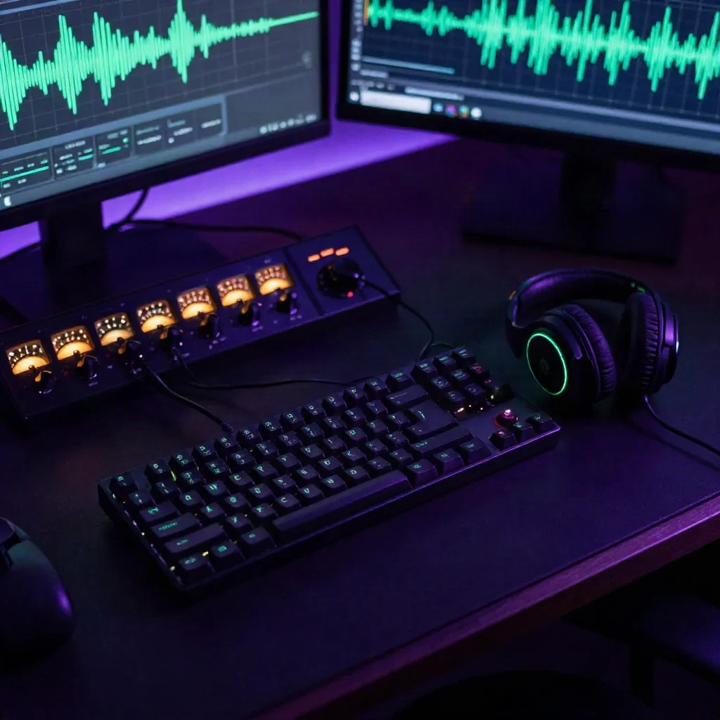 Streaming-Schreibtisch-Setup mit Audio-Interface und Kopfhörern für Musikproduktion