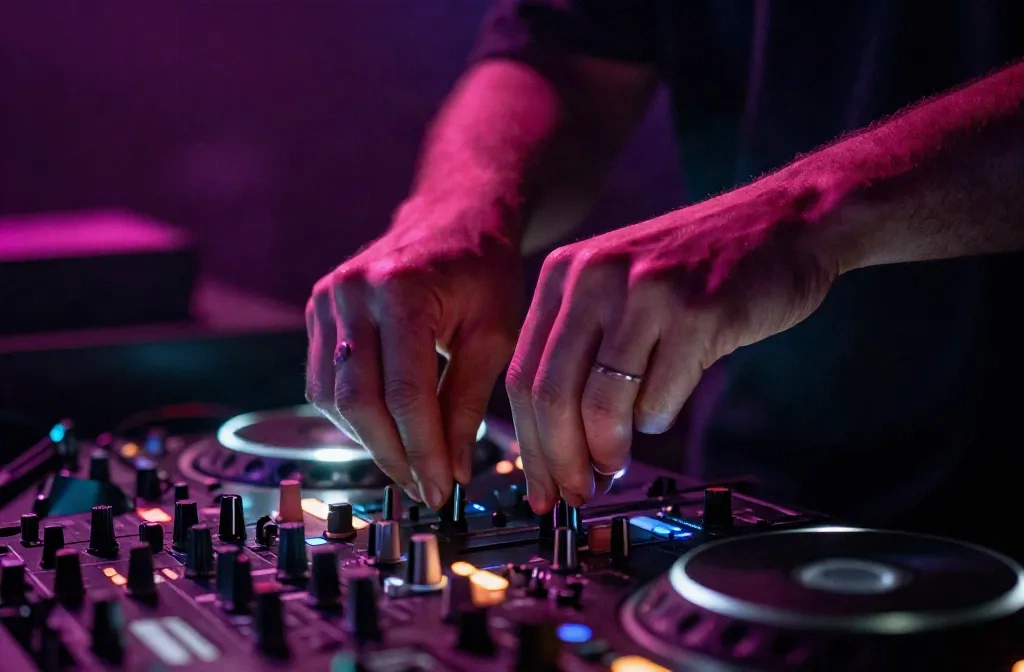Mani di un DJ che regolano un fader del mixer durante un set live