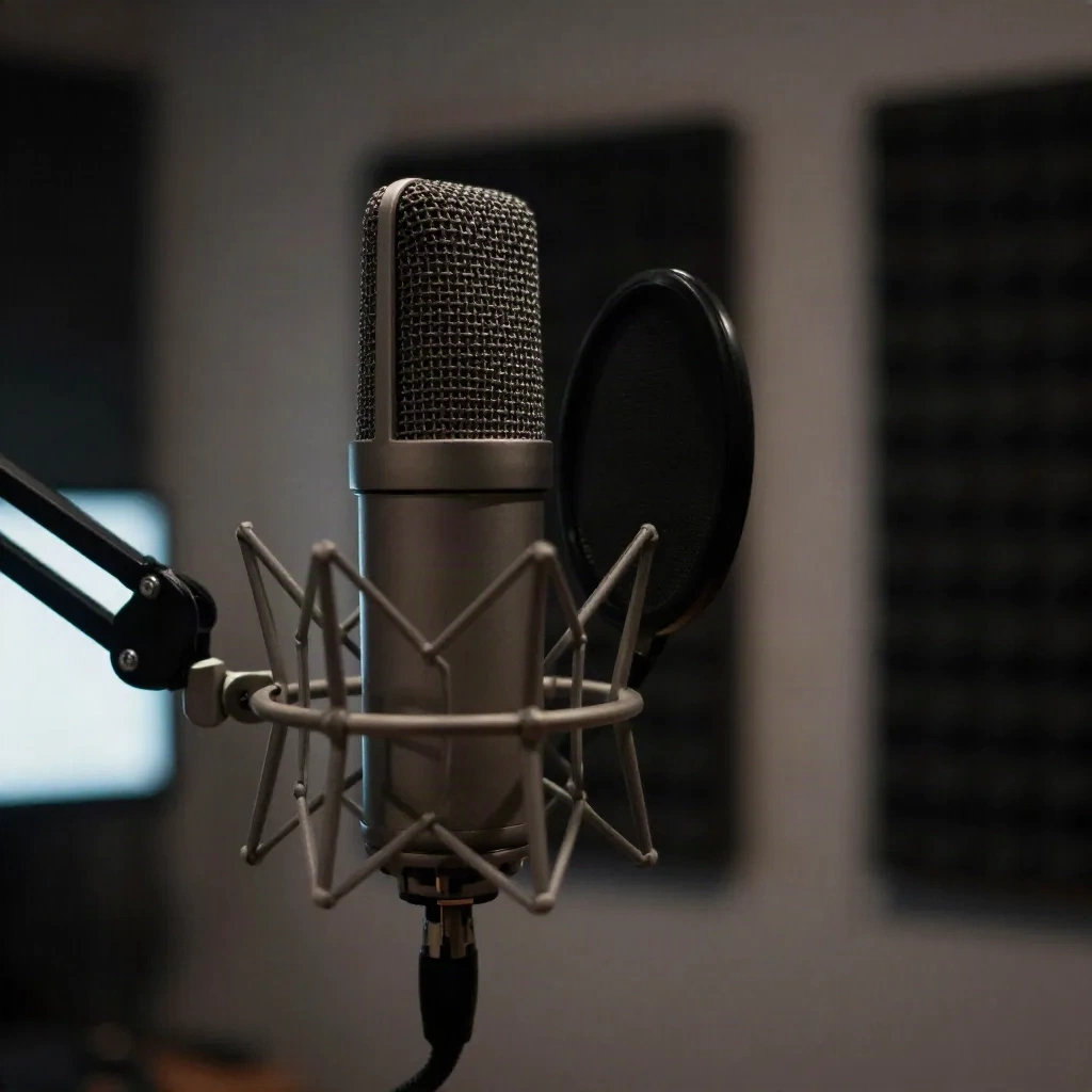 Large-diaphragm condenser microphone in a home studio setup