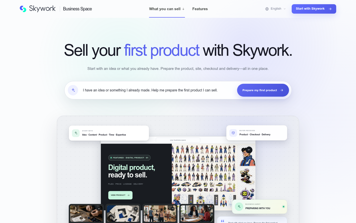Interfaccia del Business Agent di Skywork per costruire una pagina prodotto vendibile