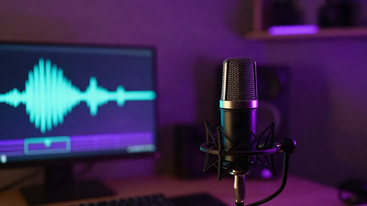 Studio microphone with cyan waveform display for AI noise cancellation