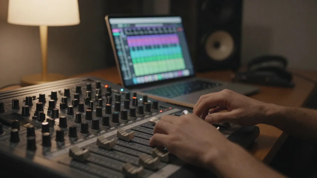 Producer adjusting a hardware mixing controller with AI-separated waveform stems glowing on a laptop screen behind