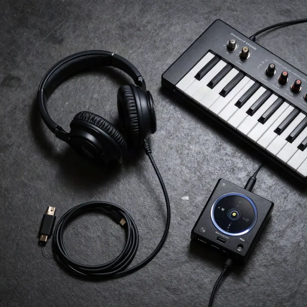 Flat lay DJ headphone MIDI controller dan audio interface di dark concrete
