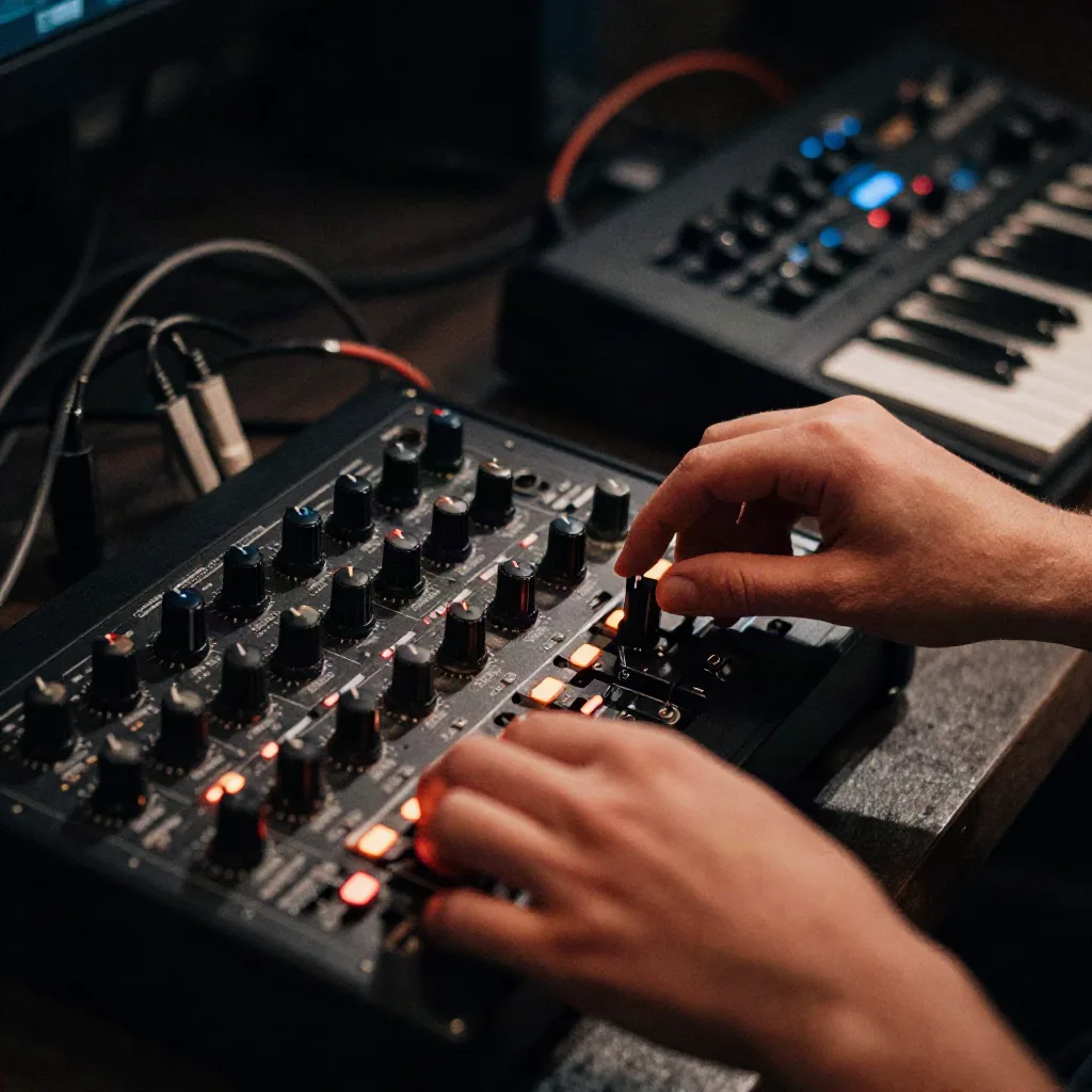 Hands adjusting EQ knobs on outboard studio gear next to a MIDI controller during an AI-assisted edit pass