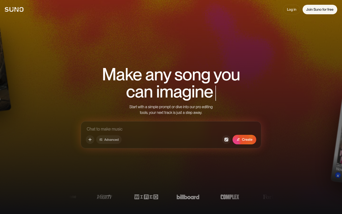 Suno-Startseite-Screenshot, KI-Musik-Generator von Anfrage zu Song