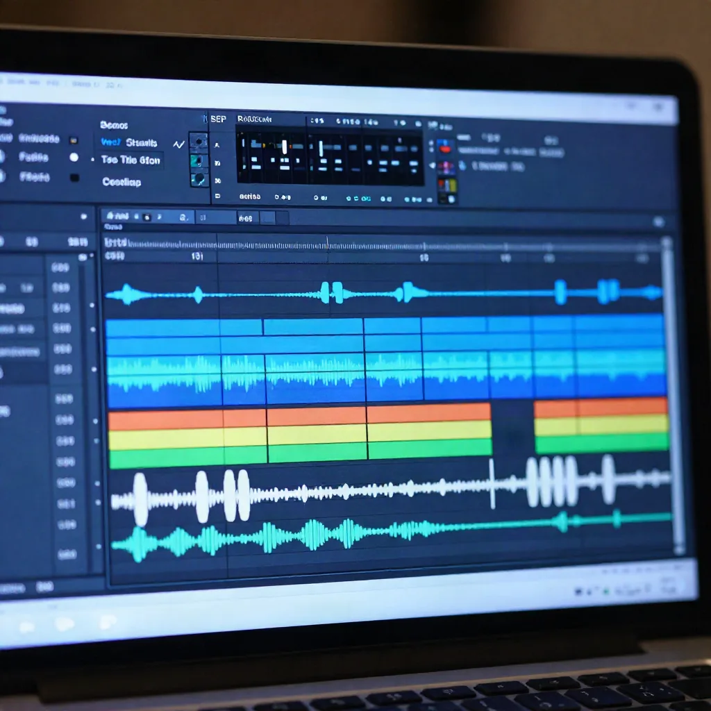 DAW screen showing AI-separated vocal, drum, bass, and instrumental stems as distinct waveform tracks