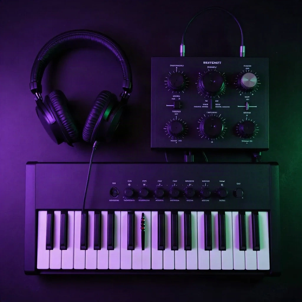 Audio production desk with headphones, interface and RGB lighting for streaming setup