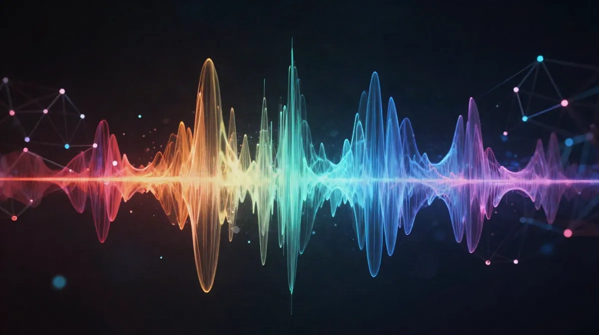 Abstract visualization of AI-generated music with electronic soundwaves