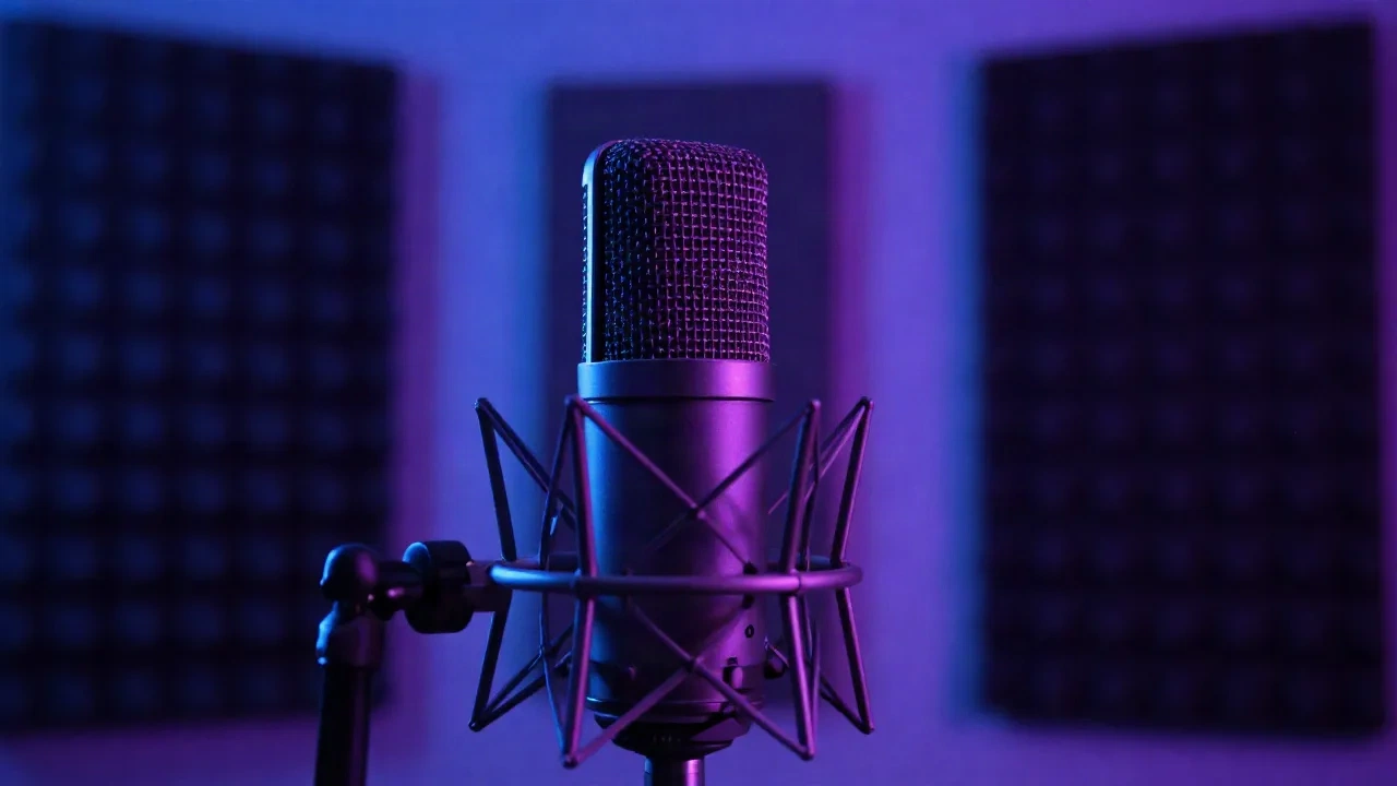 Professional condenser microphone in a dark home studio with moody blue-purple LED lighting and acoustic foam panels