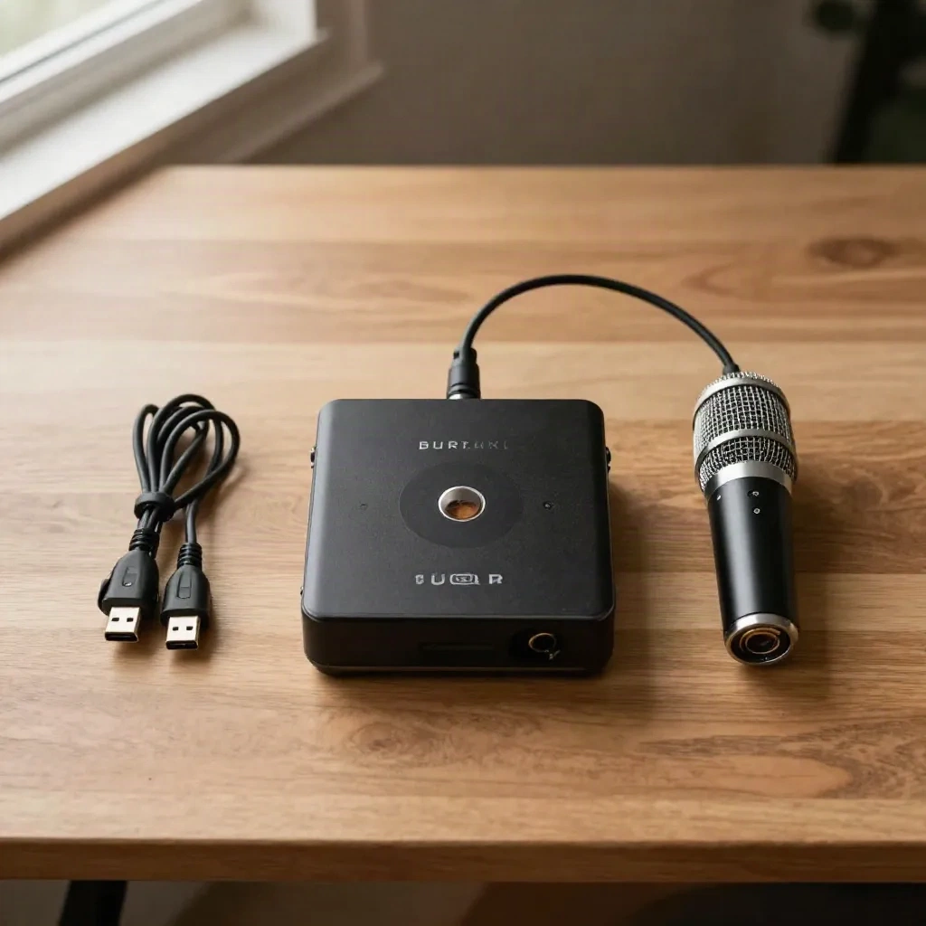USB audio interface and XLR microphone cable flat lay on wooden desk with warm side lighting