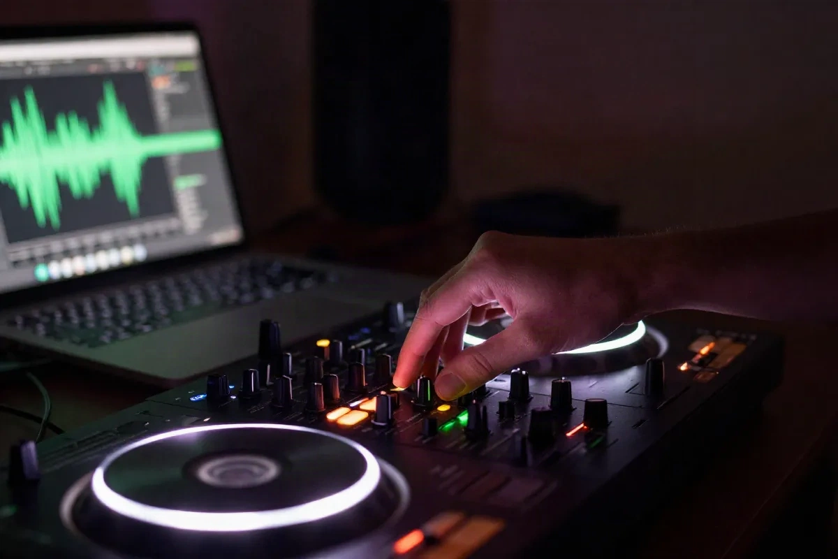 Close-up of a hand adjusting a DJ mixer next to a laptop showing a green waveform, prepping a remix for a live set