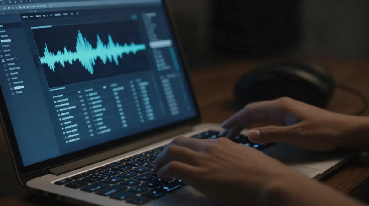 Hands browsing a digital music library with waveforms in a dark streaming studio