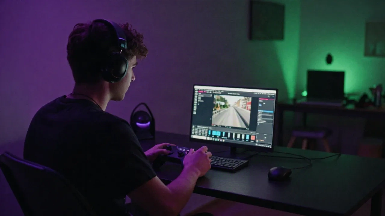 A Twitch streamer DJ setup with neon lighting and stream overlay - royalty free music for twitch