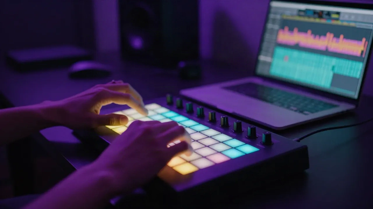 Producer, der einen Track auf einem KI-gestützten MIDI-Controller und Laptop-DAW nachts umgestaltet
