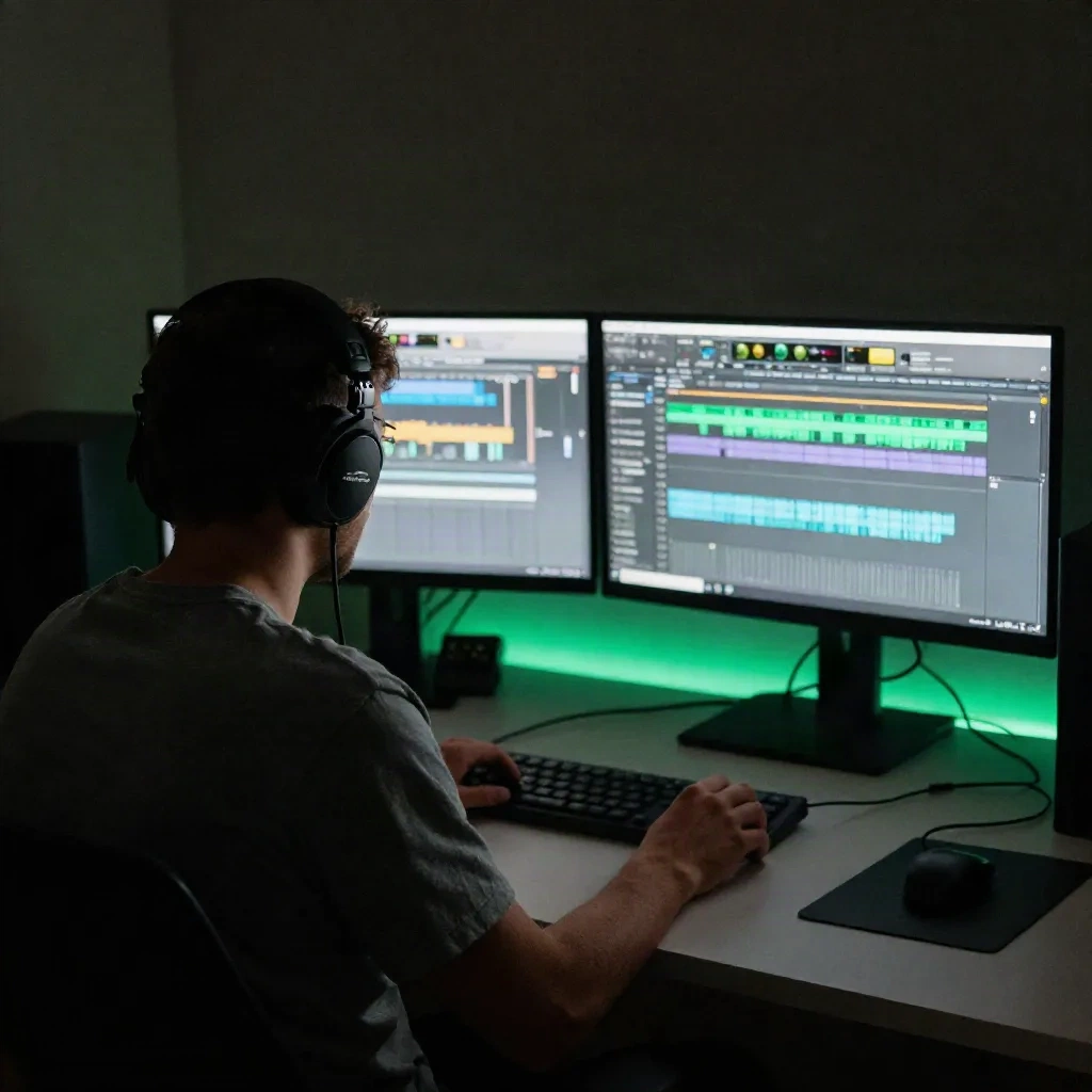 Producer wearing headphones at a dual-monitor streaming setup with USB audio interface and DAW waveform display