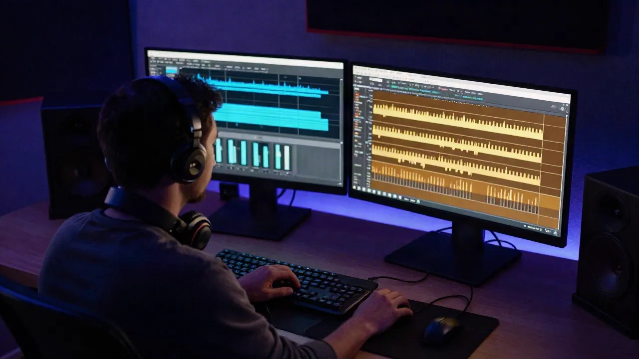 Music producer at DAW workstation separating vocal stems from instrumental tracks in a dark studio