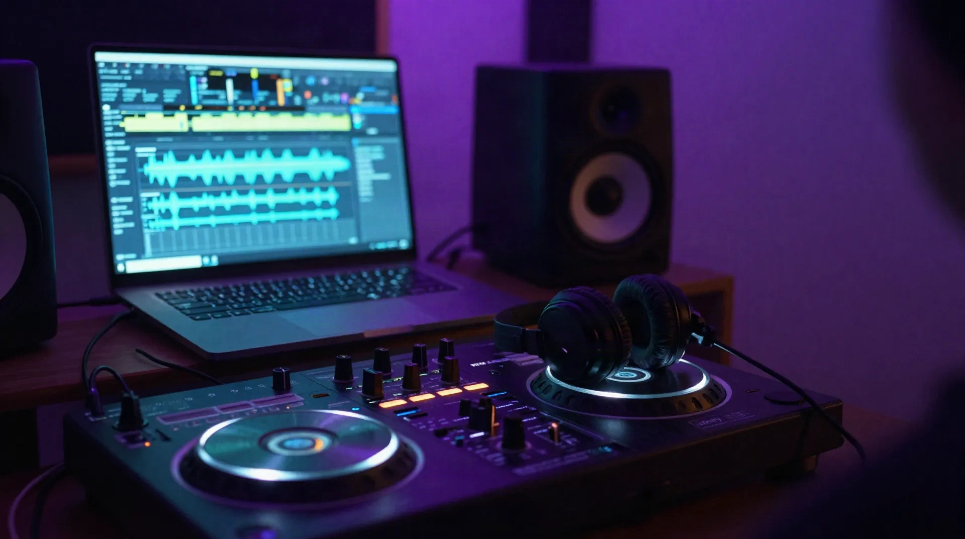 Home Studio nachts mit DJ-Controller und Laptop mit Wave-Editor, bereit für einen KI-Remix-Pass