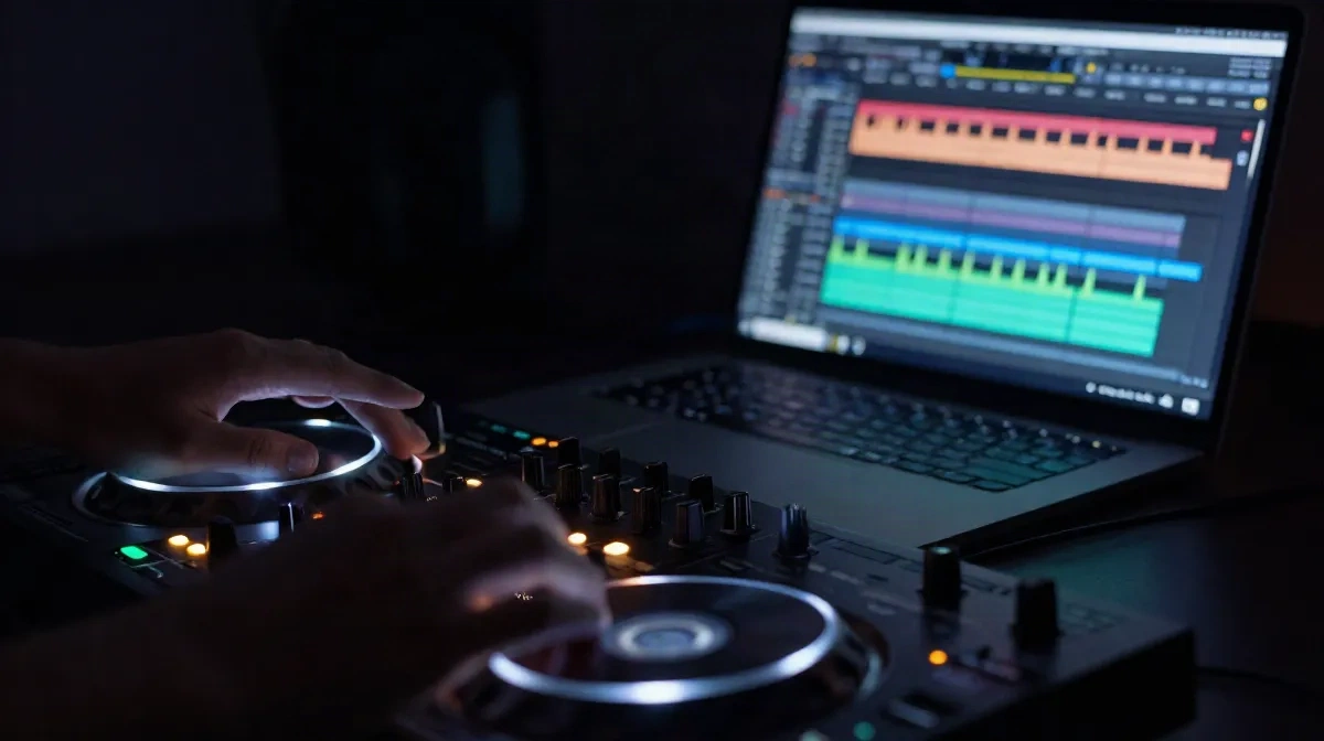DJ hands on controller and laptop during a night studio session with audio editing software on screen