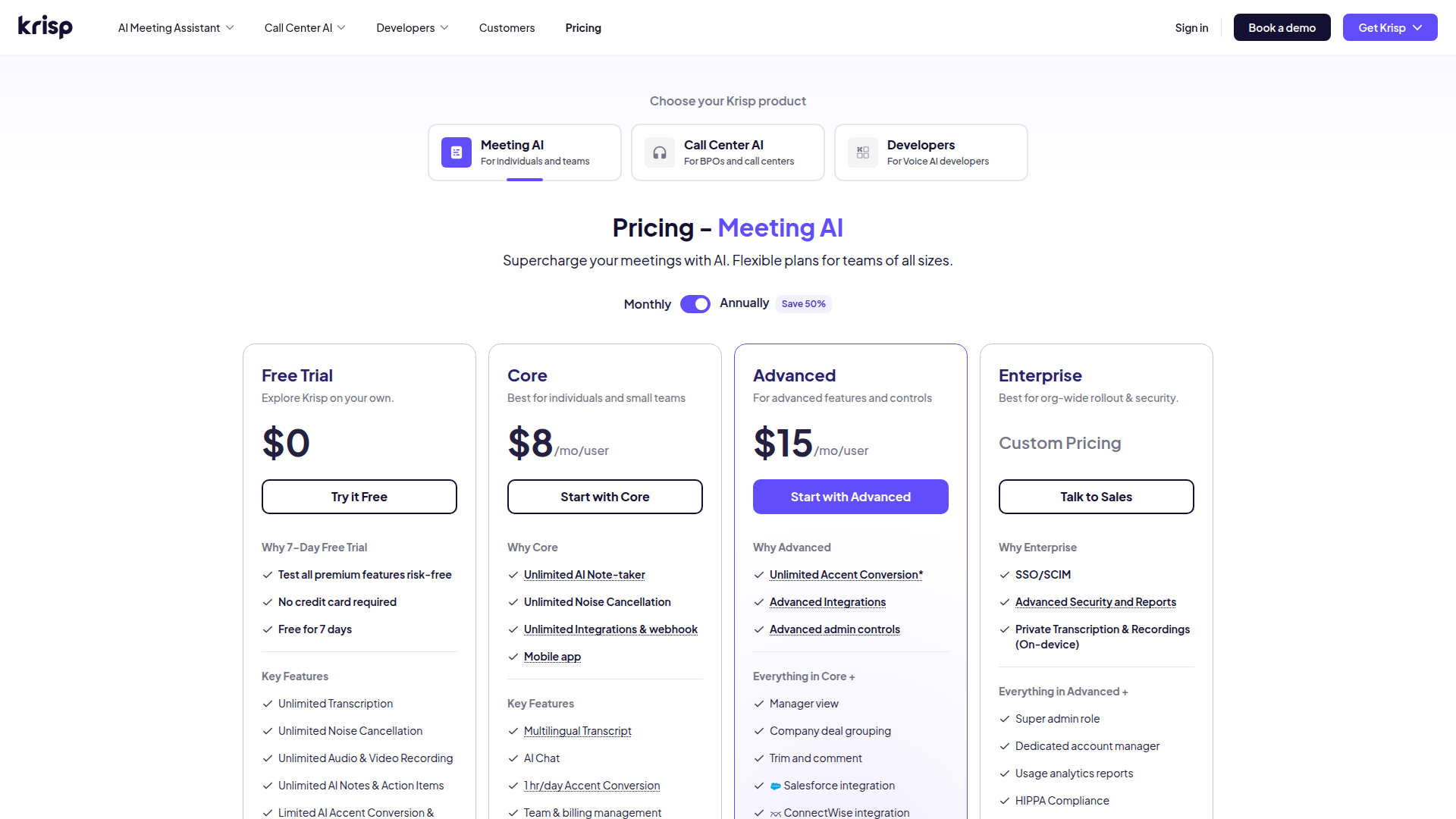 Krisp pricing page, September 2026
