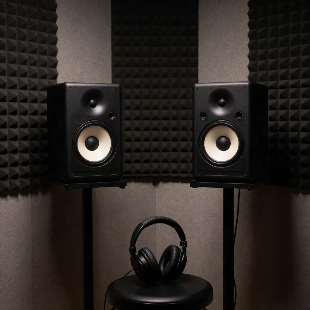 Studio monitors and headphones in an acoustically treated room for checking a master