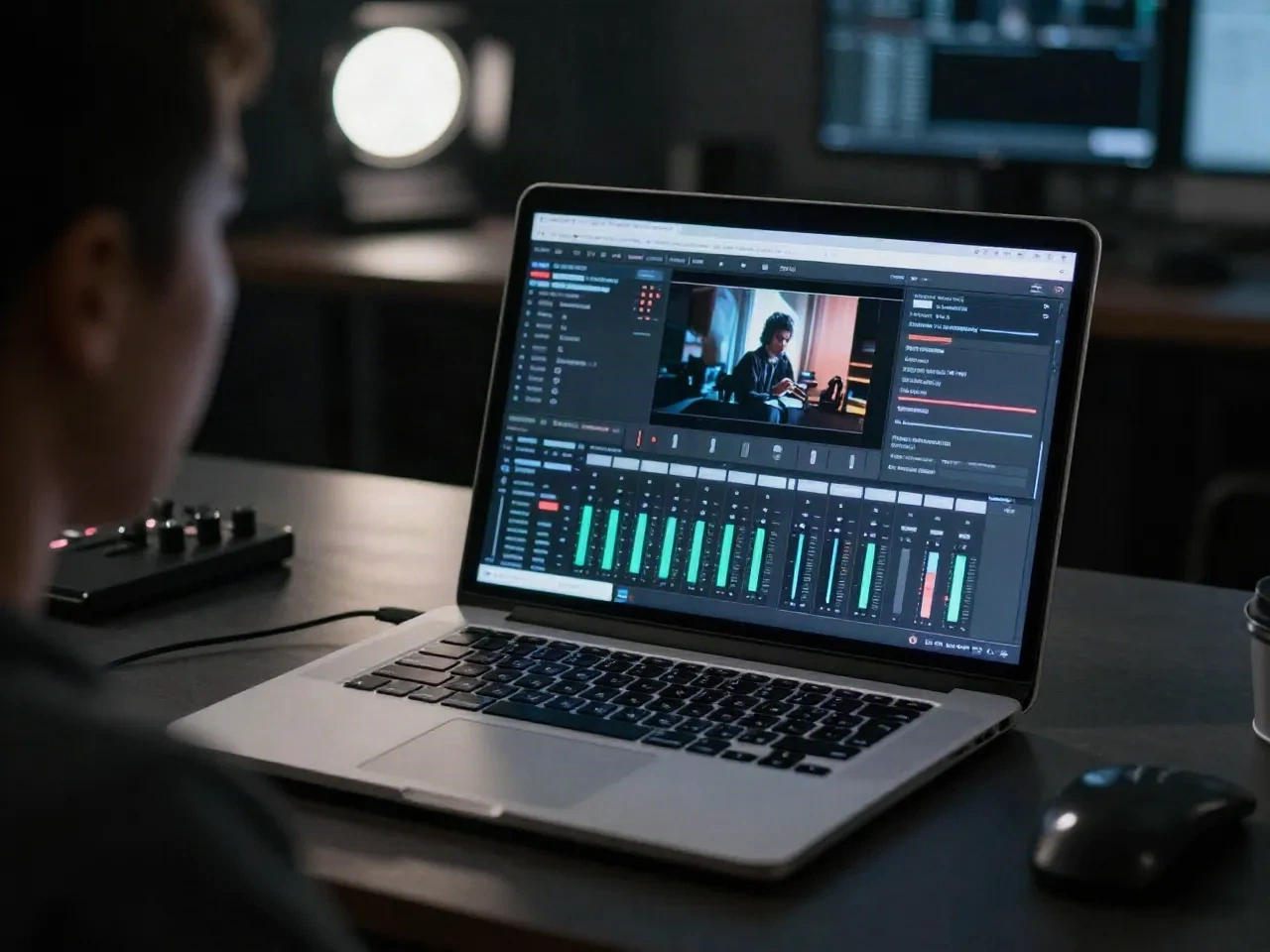 Laptop showing a streaming scene layout with an audio mixer and level meters, checking jingle loudness before going live