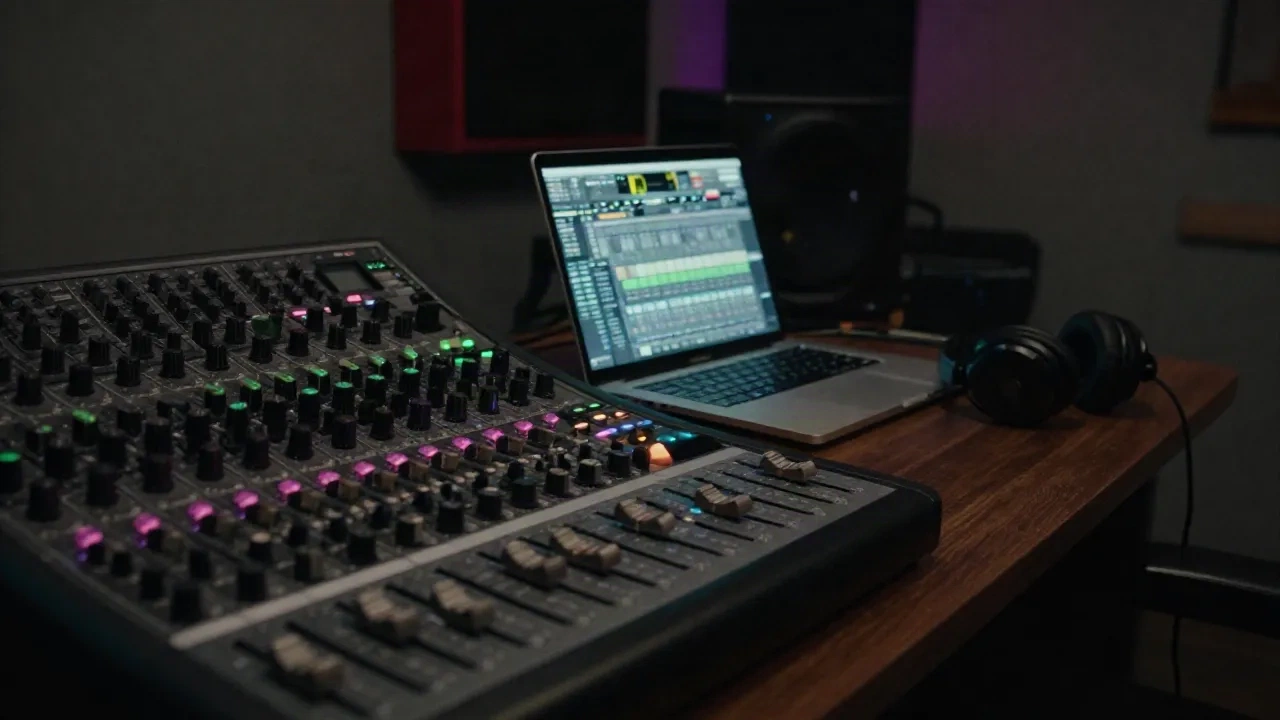 Bureau de studio de musique électronique dans la pénombre avec faders, DAW portable et casques