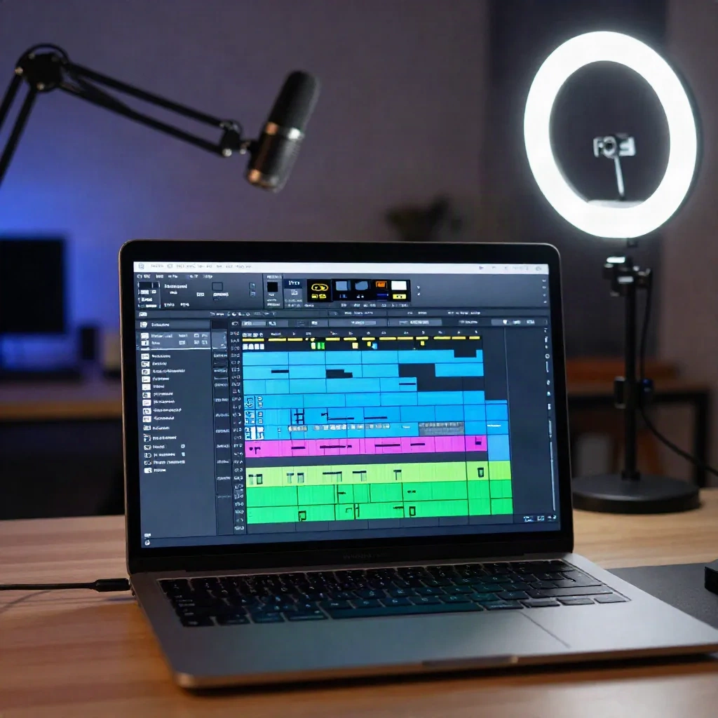 DAW with stacked audio layers on a streamer desk