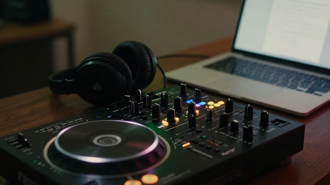 DJ-kontroller, hörlurar och laptop på ett skrivbord i en mörk loft