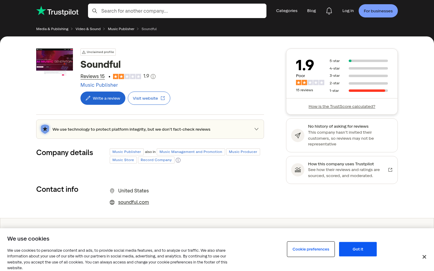 Soundful Trustpilot profile screenshot: 1.9 TrustScore from 15 reviews