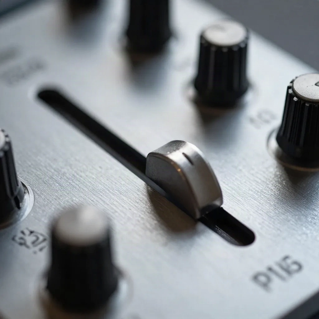 Close-up of mixer faders and knobs under side light